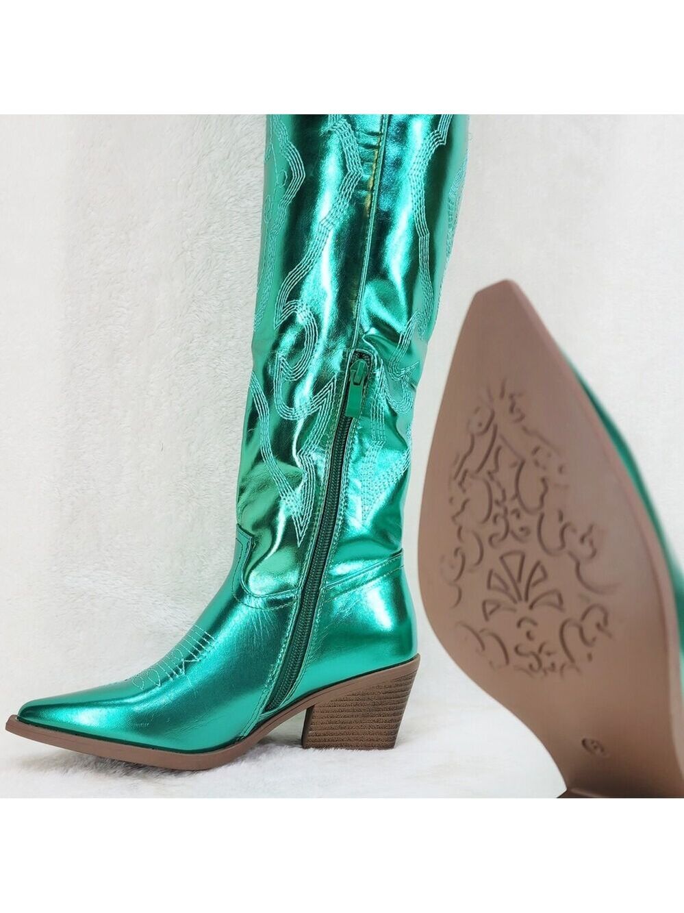 NIB Country Disco Cowboy Metallic Green Western Cowgirl OTK Thigh Boots - Picture 6 of 16